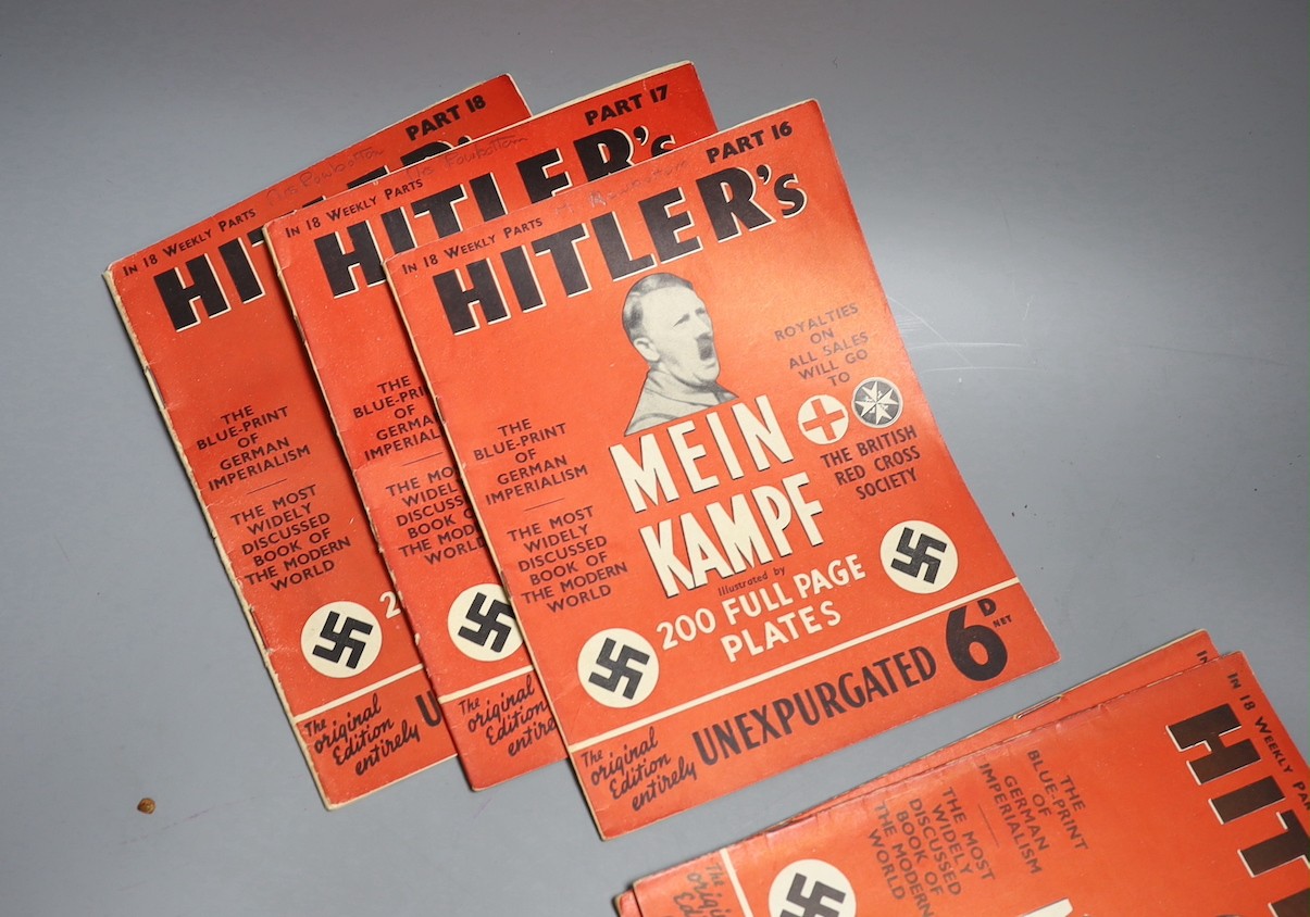 Hitler, Adolf - Mein Kampf. Unexpurgated Edition (English) in the original 18 weekly parts. num.illus.; publisher's col. pictorial wrappers, sm.4to. Hutchinson / Hurst & Blackett, (1939)